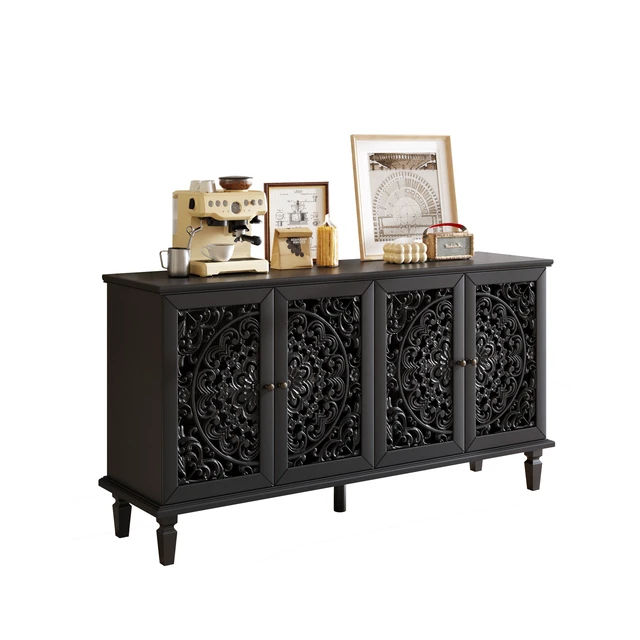 Alt view image 6 of 7 - 60" Antique Buffet Cabinet with Floral Carvings with Solid Wood Legs&Antique Brass Handles&Adjustable Shelves, TV Stand for 65''+ TV, Sideboard for Living Room,Dining Room (Black)
