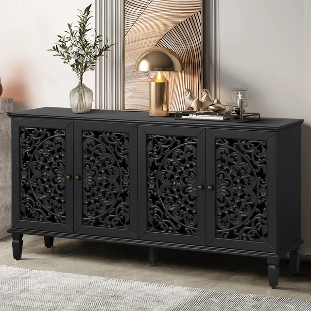 Alt view image 3 of 7 - 60" Antique Buffet Cabinet with Floral Carvings with Solid Wood Legs&Antique Brass Handles&Adjustable Shelves, TV Stand for 65''+ TV, Sideboard for Living Room,Dining Room (Black)