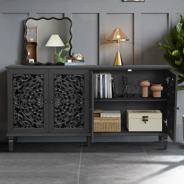 Alt view image 2 of 7 - 60" Antique Buffet Cabinet with Floral Carvings with Solid Wood Legs&Antique Brass Handles&Adjustable Shelves, TV Stand for 65''+ TV, Sideboard for Living Room,Dining Room (Black)