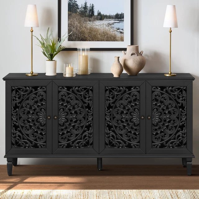 Alt view image 4 of 7 - 60" Antique Buffet Cabinet with Floral Carvings with Solid Wood Legs&Antique Brass Handles&Adjustable Shelves, TV Stand for 65''+ TV, Sideboard for Living Room,Dining Room (Black)