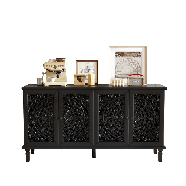 Alt view image 7 of 7 - 60" Antique Buffet Cabinet with Floral Carvings with Solid Wood Legs&Antique Brass Handles&Adjustable Shelves, TV Stand for 65''+ TV, Sideboard for Living Room,Dining Room (Black)