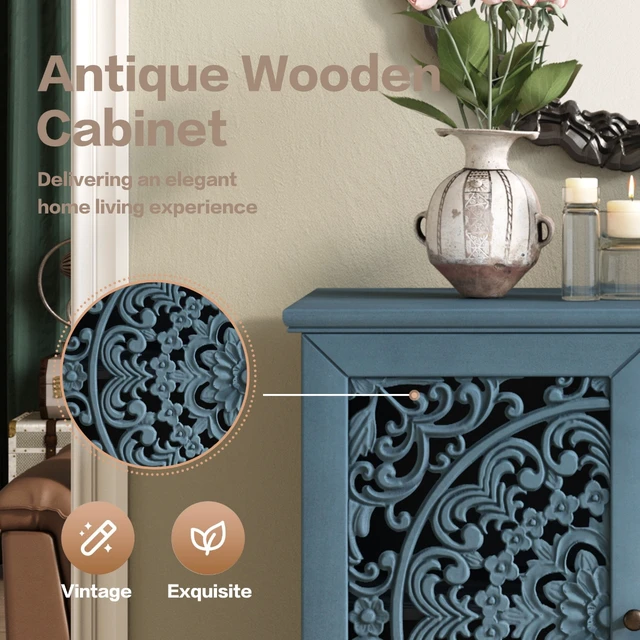 Alt view image 5 of 7 - Vintage Hollow-Carved Accent Cabinet, 2-Door Display Storage Sideboard with Symmetrical Floral Design, Adjustable Shelf and Solid Wood Legs for Living Room Entryway(Antique Blue)