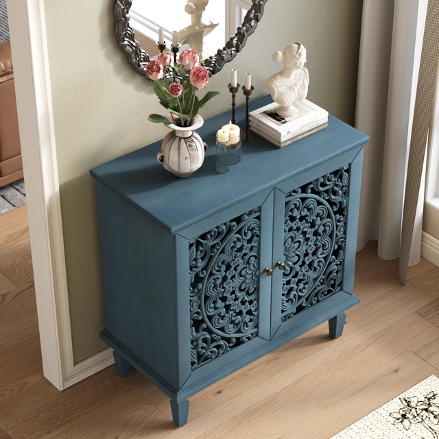 Alt view image 2 of 7 - Vintage Hollow-Carved Accent Cabinet, 2-Door Display Storage Sideboard with Symmetrical Floral Design, Adjustable Shelf and Solid Wood Legs for Living Room Entryway(Antique Blue)