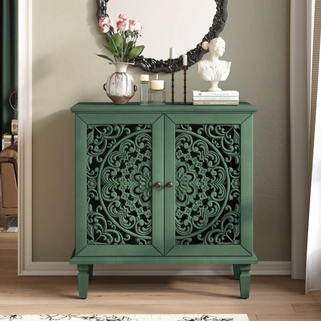 Main image of Vintage Hollow-Carved Accent Cabinet, 2-Door Display Storage Sideboard with Symmetrical Floral Design, Adjustable Shelf and Solid Wood Legs for Living Room Entryway(Antique Green)