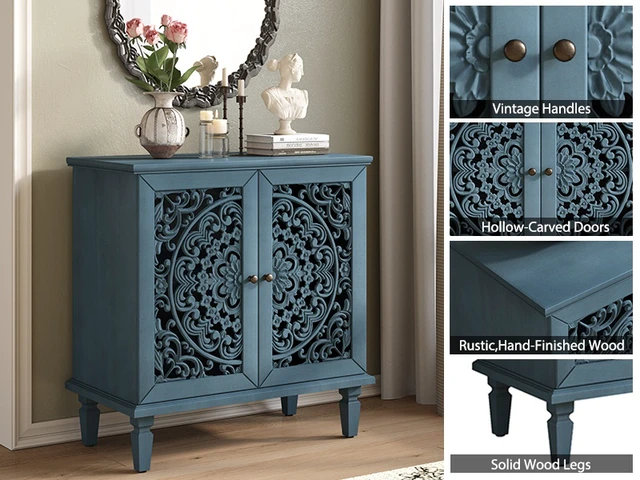 Alt view image 4 of 7 - Vintage Hollow-Carved Accent Cabinet, 2-Door Display Storage Sideboard with Symmetrical Floral Design, Adjustable Shelf and Solid Wood Legs for Living Room Entryway(Antique Blue)