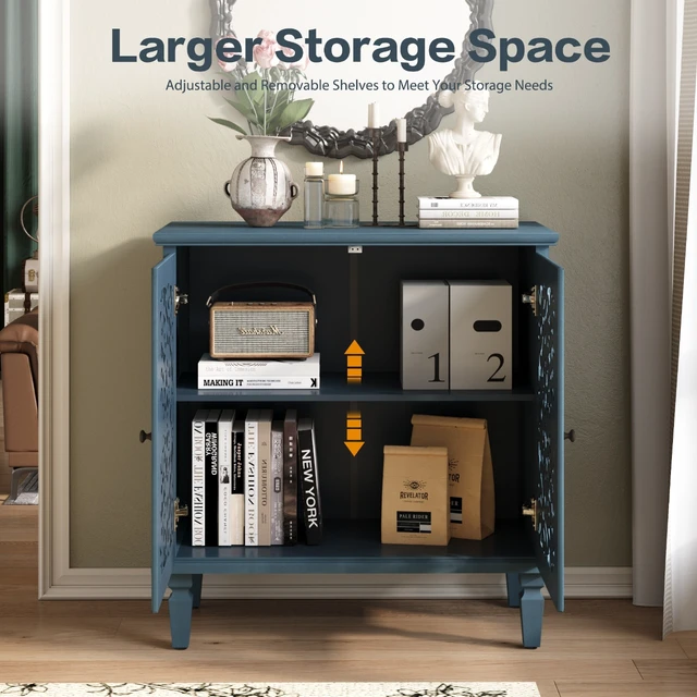 Alt view image 7 of 7 - Vintage Hollow-Carved Accent Cabinet, 2-Door Display Storage Sideboard with Symmetrical Floral Design, Adjustable Shelf and Solid Wood Legs for Living Room Entryway(Antique Blue)