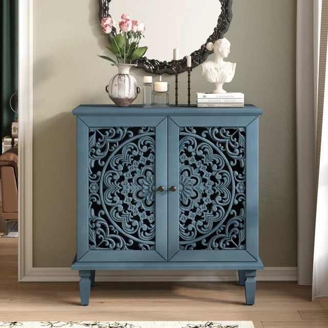 Alt view image 3 of 7 - Vintage Hollow-Carved Accent Cabinet, 2-Door Display Storage Sideboard with Symmetrical Floral Design, Adjustable Shelf and Solid Wood Legs for Living Room Entryway(Antique Blue)