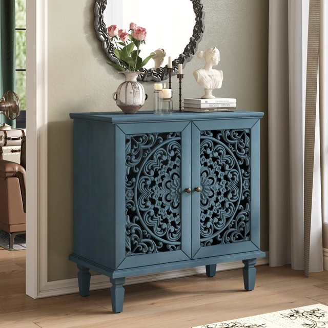 Main image of Vintage Hollow-Carved Accent Cabinet, 2-Door Display Storage Sideboard with Symmetrical Floral Design, Adjustable Shelf and Solid Wood Legs for Living Room Entryway(Antique Blue)