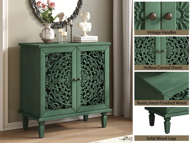 Alt view image 3 of 7 - Vintage Hollow-Carved Accent Cabinet, 2-Door Display Storage Sideboard with Symmetrical Floral Design, Adjustable Shelf and Solid Wood Legs for Living Room Entryway(Antique Green)
