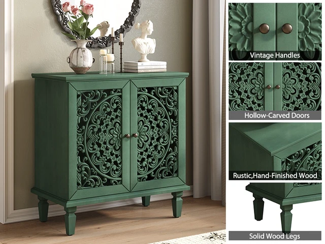 Alt view image 5 of 7 - Vintage Hollow-Carved Accent Cabinet, 2-Door Display Storage Sideboard with Symmetrical Floral Design, Adjustable Shelf and Solid Wood Legs for Living Room Entryway(Antique Green)