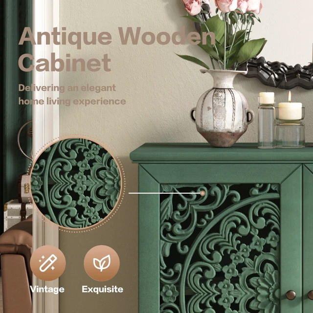 Alt view image 4 of 7 - Vintage Hollow-Carved Accent Cabinet, 2-Door Display Storage Sideboard with Symmetrical Floral Design, Adjustable Shelf and Solid Wood Legs for Living Room Entryway(Antique Green)