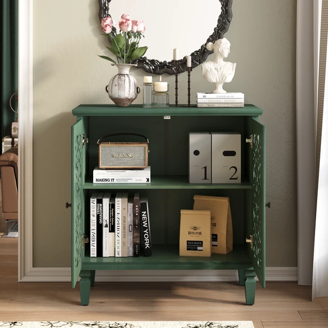 Alt view image 6 of 7 - Vintage Hollow-Carved Accent Cabinet, 2-Door Display Storage Sideboard with Symmetrical Floral Design, Adjustable Shelf and Solid Wood Legs for Living Room Entryway(Antique Green)