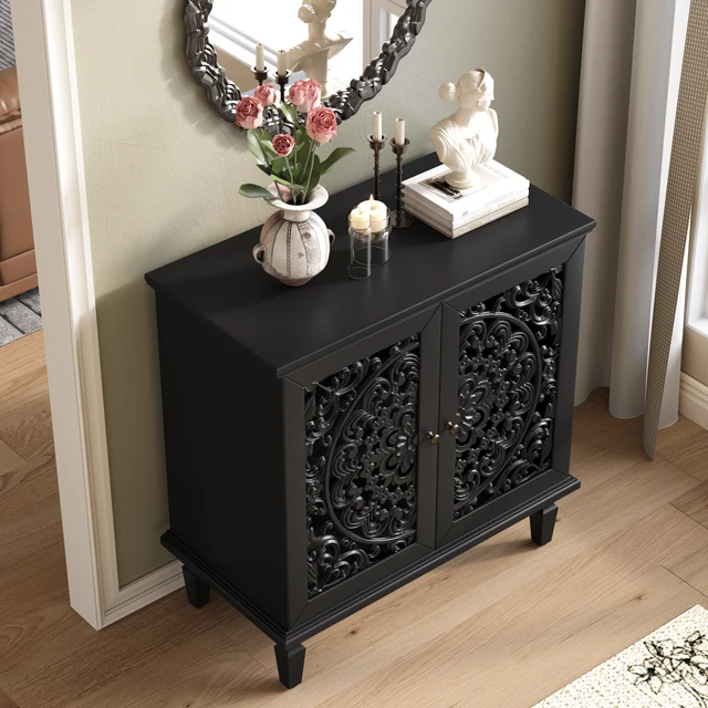 Alt view image 3 of 7 - Vintage Hollow-Carved Accent Cabinet, 2-Door Display Storage Sideboard with Symmetrical Floral Design, Adjustable Shelf and Solid Wood Legs for Living Room Entryway (Black)