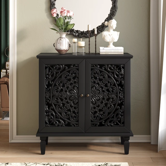 Alt view image 2 of 7 - Vintage Hollow-Carved Accent Cabinet, 2-Door Display Storage Sideboard with Symmetrical Floral Design, Adjustable Shelf and Solid Wood Legs for Living Room Entryway (Black)