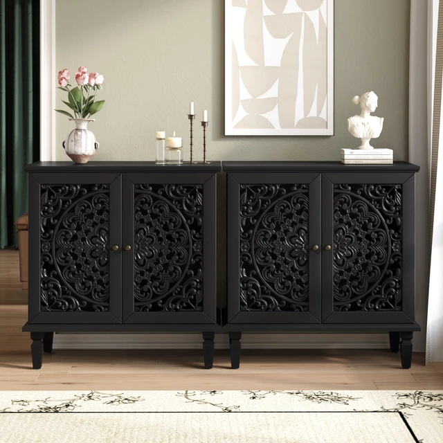 Alt view image 4 of 7 - Vintage Hollow-Carved Accent Cabinet, 2-Door Display Storage Sideboard with Symmetrical Floral Design, Adjustable Shelf and Solid Wood Legs for Living Room Entryway (Black)