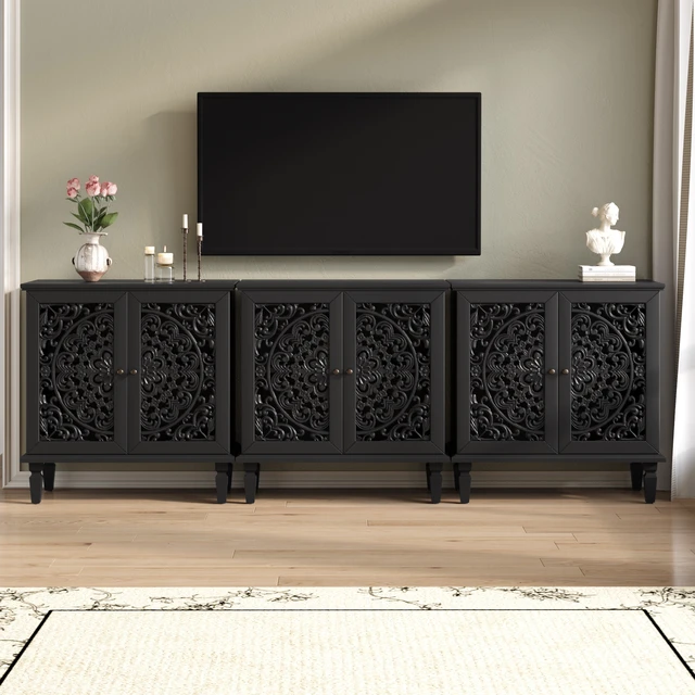 Alt view image 5 of 7 - Vintage Hollow-Carved Accent Cabinet, 2-Door Display Storage Sideboard with Symmetrical Floral Design, Adjustable Shelf and Solid Wood Legs for Living Room Entryway (Black)