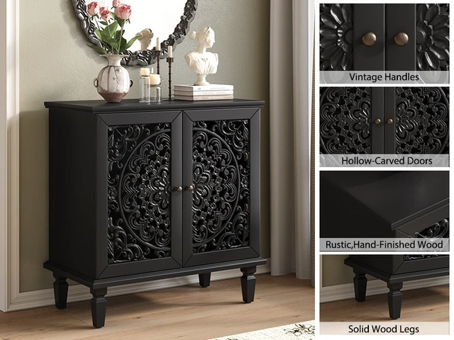 Alt view image 7 of 7 - Vintage Hollow-Carved Accent Cabinet, 2-Door Display Storage Sideboard with Symmetrical Floral Design, Adjustable Shelf and Solid Wood Legs for Living Room Entryway (Black)