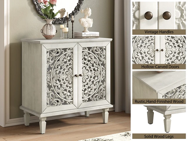 Alt view image 5 of 7 - Vintage Hollow-Carved Accent Cabinet, 2-Door Display Storage Sideboard with Symmetrical Floral Design, Adjustable Shelf and Solid Wood Legs for Living Room Entryway(Antique Grey White)