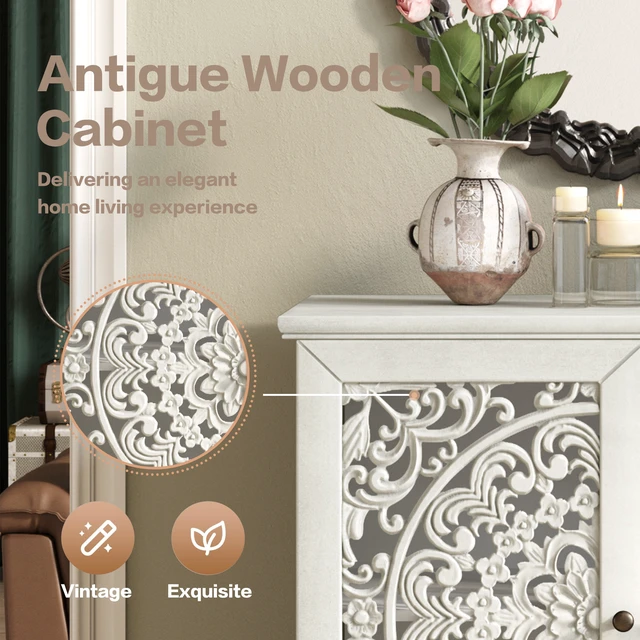 Alt view image 4 of 7 - Vintage Hollow-Carved Accent Cabinet, 2-Door Display Storage Sideboard with Symmetrical Floral Design, Adjustable Shelf and Solid Wood Legs for Living Room Entryway(Antique Grey White)