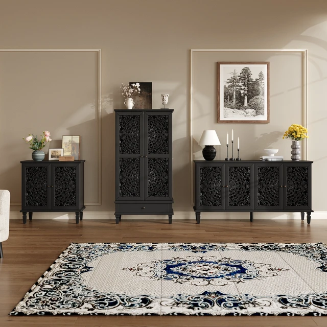 Alt view image 6 of 7 - Vintage Hollow-Carved Accent Cabinet, 2-Door Display Storage Sideboard with Symmetrical Floral Design, Adjustable Shelf and Solid Wood Legs for Living Room Entryway (Black)
