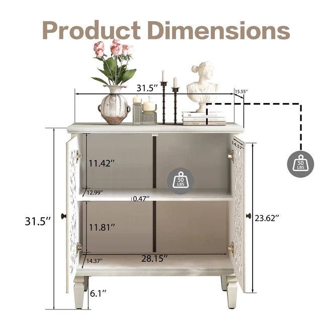 Alt view image 7 of 7 - Vintage Hollow-Carved Accent Cabinet, 2-Door Display Storage Sideboard with Symmetrical Floral Design, Adjustable Shelf and Solid Wood Legs for Living Room Entryway(Antique Grey White)