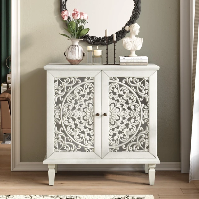 Main image of Vintage Hollow-Carved Accent Cabinet, 2-Door Display Storage Sideboard with Symmetrical Floral Design, Adjustable Shelf and Solid Wood Legs for Living Room Entryway(Antique Grey White)
