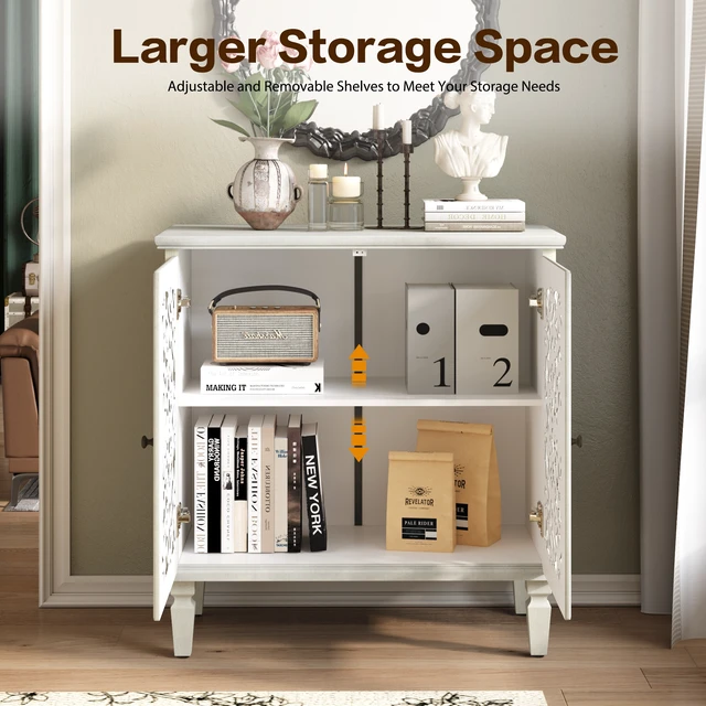 Alt view image 6 of 7 - Vintage Hollow-Carved Accent Cabinet, 2-Door Display Storage Sideboard with Symmetrical Floral Design, Adjustable Shelf and Solid Wood Legs for Living Room Entryway(Antique Grey White)