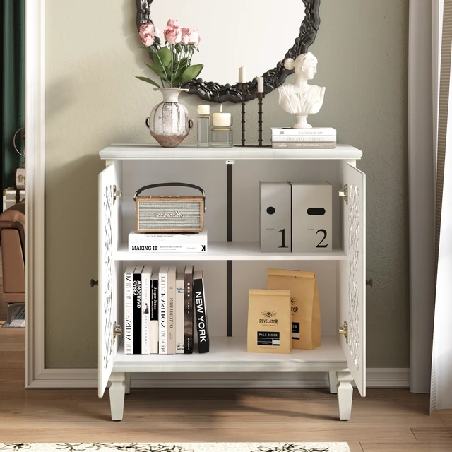 Alt view image 3 of 7 - Vintage Hollow-Carved Accent Cabinet, 2-Door Display Storage Sideboard with Symmetrical Floral Design, Adjustable Shelf and Solid Wood Legs for Living Room Entryway(Antique Grey White)
