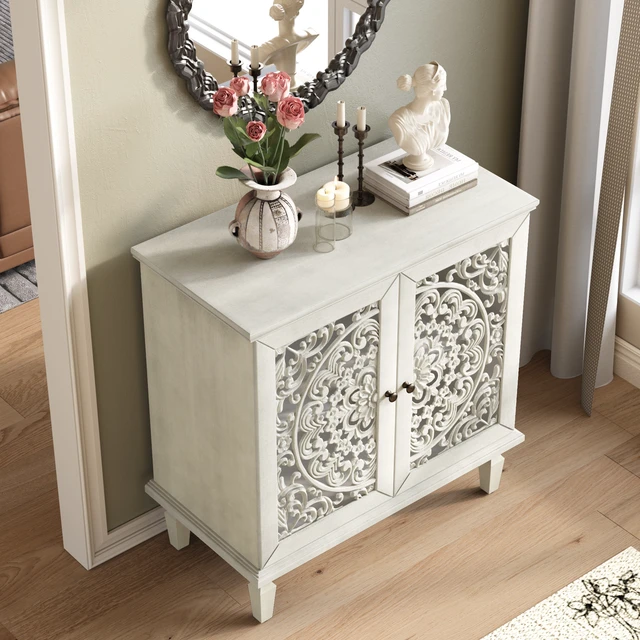 Alt view image 2 of 7 - Vintage Hollow-Carved Accent Cabinet, 2-Door Display Storage Sideboard with Symmetrical Floral Design, Adjustable Shelf and Solid Wood Legs for Living Room Entryway(Antique Grey White)
