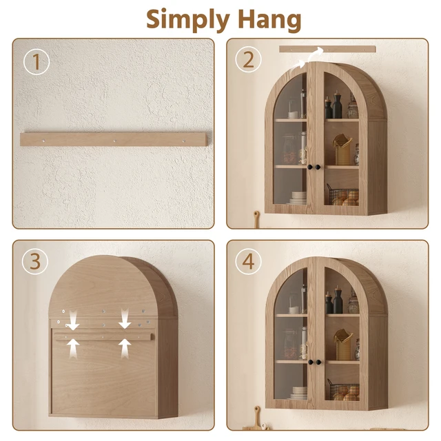 Alt view image 6 of 7 - Arched Wall Mounted Cabinet, Wood Veneer Wall Storage Cabinet with Tempered Glass Doors, Easy Hanging Hardware Included, Decorative Floating Wall Cabinet for Bathroom Living Room ,Light Brown
