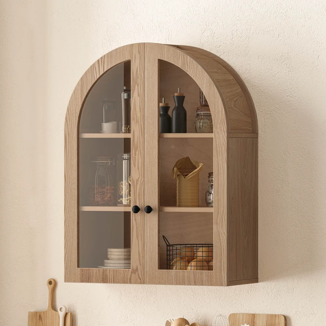 Alt view image 2 of 7 - Arched Wall Mounted Cabinet, Wood Veneer Wall Storage Cabinet with Tempered Glass Doors, Easy Hanging Hardware Included, Decorative Floating Wall Cabinet for Bathroom Living Room ,Light Brown