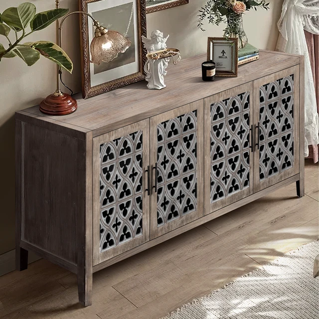 Alt view image 2 of 7 - Hollow Four Door Antique Cabinet, American Country Style, Suitable for Living Room, TV Cabinet, Kitchen (Brown)