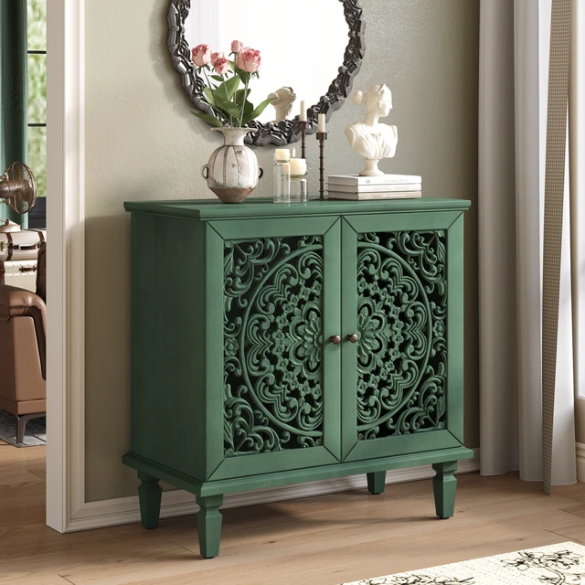Alt view image 2 of 7 - Vintage Hollow-Carved Accent Cabinet, 2-Door Display Storage Sideboard with Symmetrical Floral Design, Adjustable Shelf and Solid Wood Legs for Living Room Entryway(Antique Green)