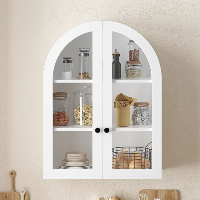 Alt view image 2 of 7 - Arched Wall Mounted Cabinet, Wood Veneer Wall Storage Cabinet with Tempered Glass Doors, Adjustable Shelf, Easy Hanging Hardware Included, Decorative Floating Wall Cabinet for Laundry Room, White