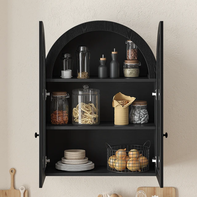 Alt view image 4 of 7 - Arched Wall Mounted Cabinet, Wood Veneer Wall Storage Cabinet with Tempered Glass Doors, Adjustable Shelf, Easy Hanging Hardware Included, Decorative Floating Wall Cabinet for Laundry Room, Black
