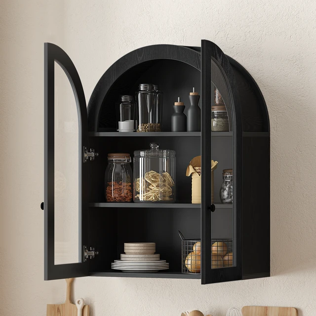 Alt view image 3 of 7 - Arched Wall Mounted Cabinet, Wood Veneer Wall Storage Cabinet with Tempered Glass Doors, Adjustable Shelf, Easy Hanging Hardware Included, Decorative Floating Wall Cabinet for Laundry Room, Black