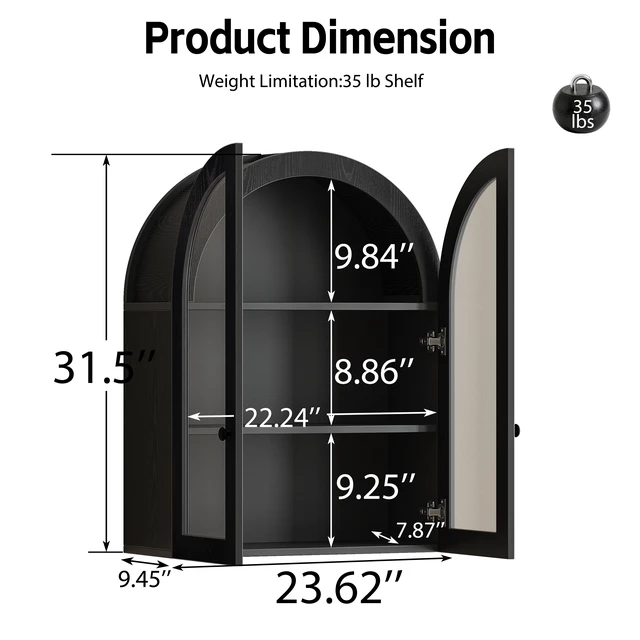 Alt view image 7 of 7 - Arched Wall Mounted Cabinet, Wood Veneer Wall Storage Cabinet with Tempered Glass Doors, Adjustable Shelf, Easy Hanging Hardware Included, Decorative Floating Wall Cabinet for Laundry Room, Black