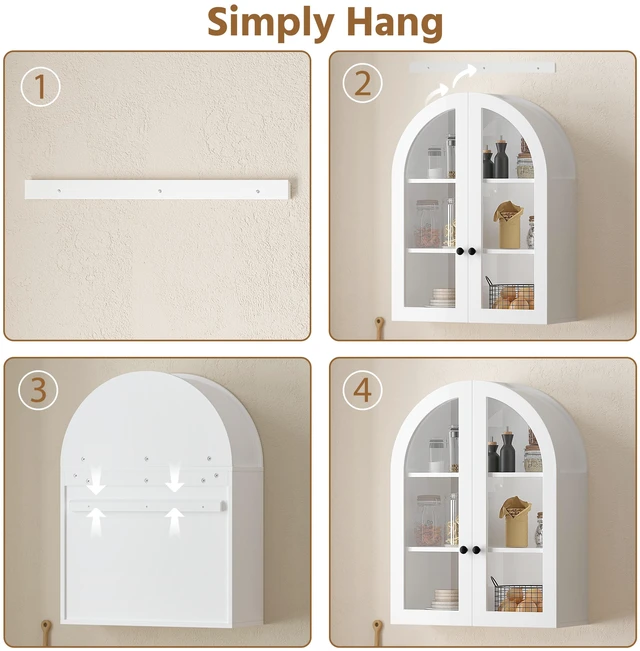 Alt view image 7 of 7 - Arched Wall Mounted Cabinet, Wood Veneer Wall Storage Cabinet with Tempered Glass Doors, Adjustable Shelf, Easy Hanging Hardware Included, Decorative Floating Wall Cabinet for Laundry Room, White