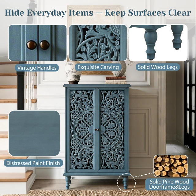 Alt view image 6 of 7 - Farmhouse Accent Storage Cabinet, 2 Door Decorative Cabinet with Hollow Carved Doors, Adjustable Shelf, Freestanding Display Cabinet with Turned Legs for Entryway Living Room Dining Room,Antique Blue