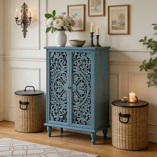 Alt view image 3 of 7 - Farmhouse Accent Storage Cabinet, 2 Door Decorative Cabinet with Hollow Carved Doors, Adjustable Shelf, Freestanding Display Cabinet with Turned Legs for Entryway Living Room Dining Room,Antique Blue