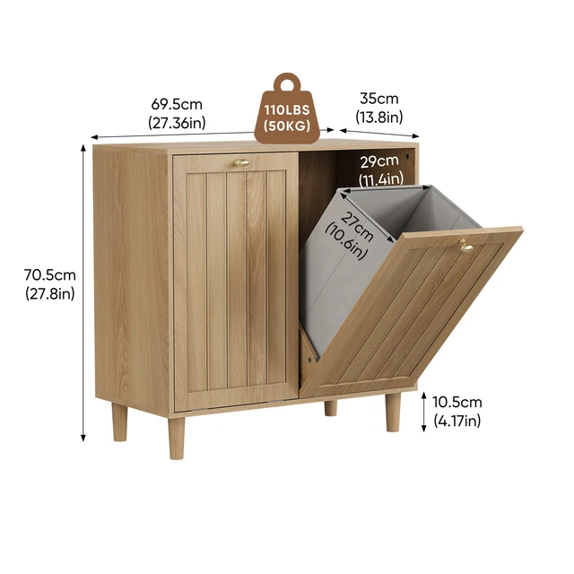 Alt view image 2 of 7 - Sloping laundry basket with removable inner basket, concealed laundry basket, bathroom laundry storage cabinet, freestanding household storage rack, oak color
