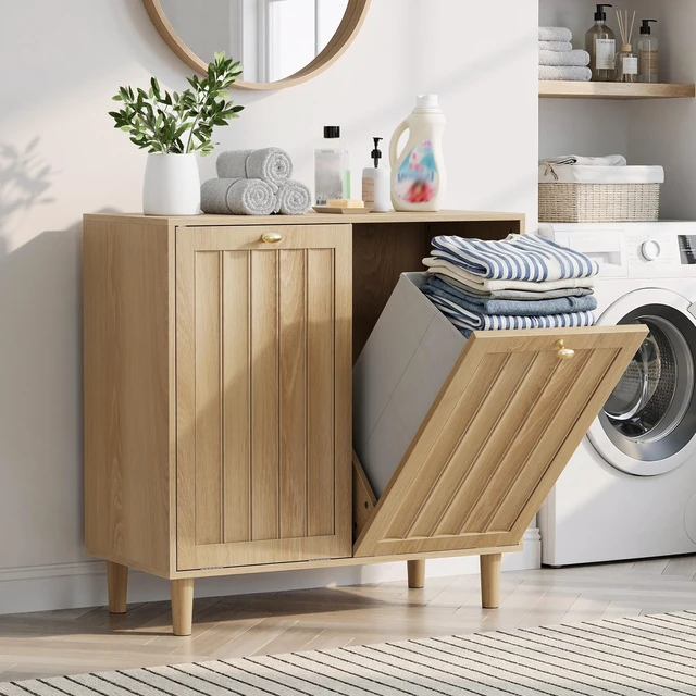 Alt view image 5 of 7 - Sloping laundry basket with removable inner basket, concealed laundry basket, bathroom laundry storage cabinet, freestanding household storage rack, oak color