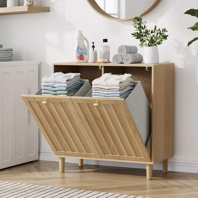 Alt view image 6 of 7 - Sloping laundry basket with removable inner basket, concealed laundry basket, bathroom laundry storage cabinet, freestanding household storage rack, oak color