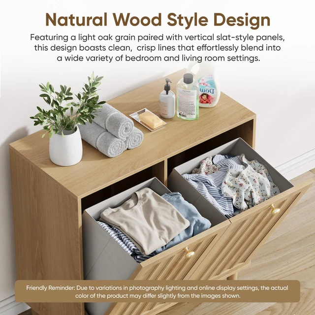 Alt view image 7 of 7 - Sloping laundry basket with removable inner basket, concealed laundry basket, bathroom laundry storage cabinet, freestanding household storage rack, oak color