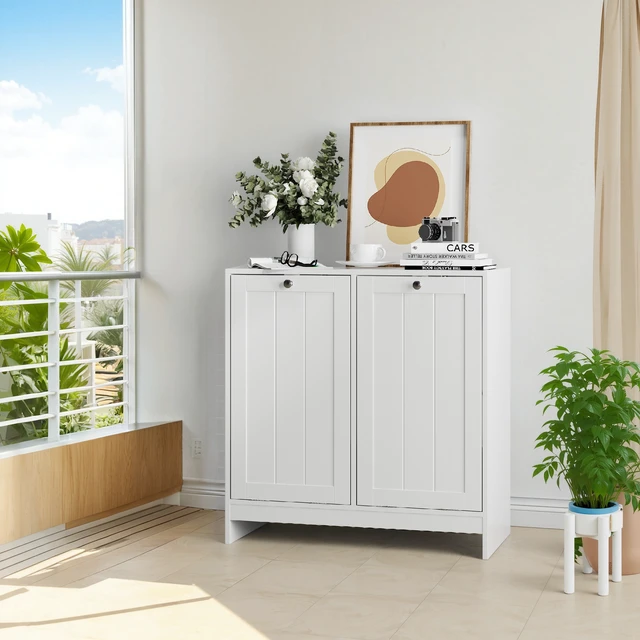 Alt view image 5 of 7 - Tilted Laundry Hamper with Removable Basket, Hidden Laundry Hamper, Bathroom Laundry Hamper Storage Cabinet, Free-Standing Home Organizer, White