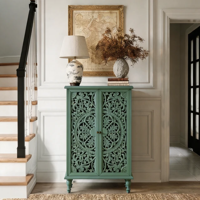 Alt view image 4 of 7 - Tall Accent Cabinet with Doors & Storage, Farmhouse Hollow Carved Double Door Display Cabinet with Adjustable Shelf & Turned Legs, Freestanding Decorative Cabinet for Entryway Living Room, Green