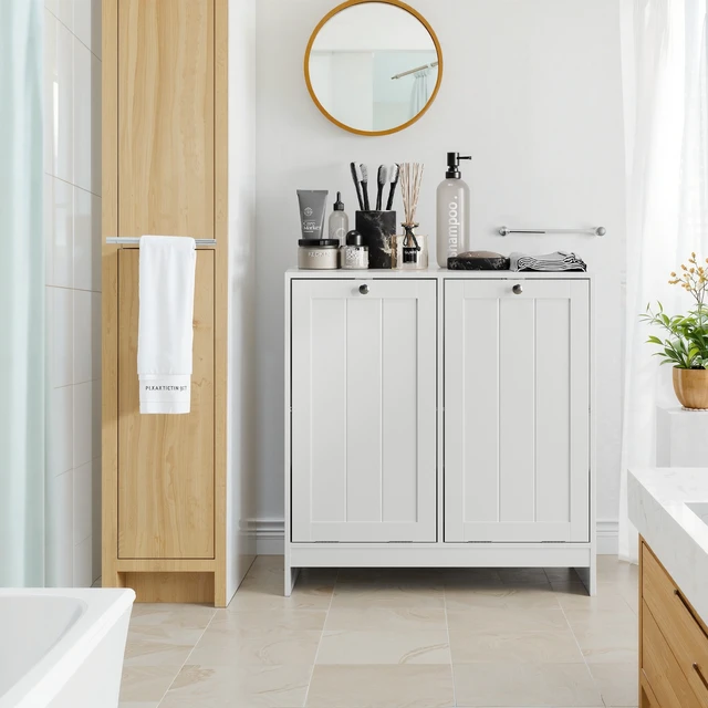 Alt view image 6 of 7 - Tilted Laundry Hamper with Removable Basket, Hidden Laundry Hamper, Bathroom Laundry Hamper Storage Cabinet, Free-Standing Home Organizer, White