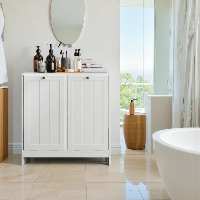 Alt view image 7 of 7 - Tilted Laundry Hamper with Removable Basket, Hidden Laundry Hamper, Bathroom Laundry Hamper Storage Cabinet, Free-Standing Home Organizer, White