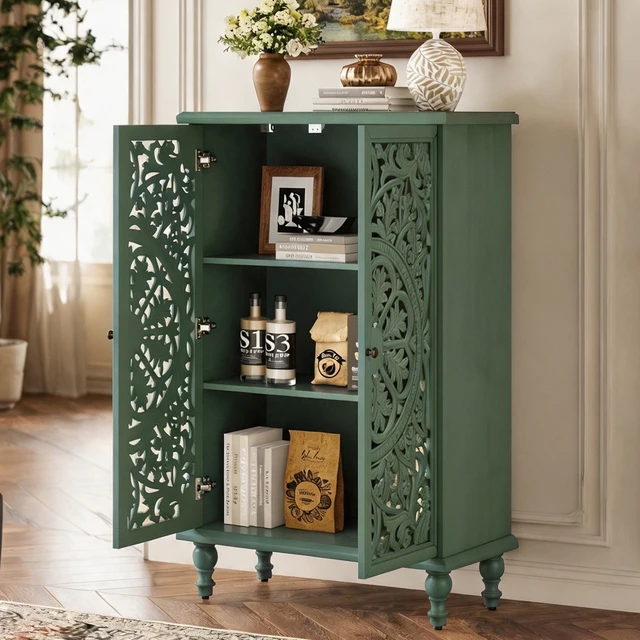 Alt view image 5 of 7 - Tall Accent Cabinet with Doors & Storage, Farmhouse Hollow Carved Double Door Display Cabinet with Adjustable Shelf & Turned Legs, Freestanding Decorative Cabinet for Entryway Living Room, Green