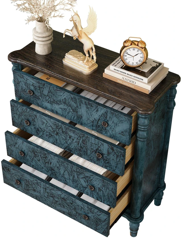 Main image of Farmhouse Chest of Drawers for Bedroom, 32'' Tall Dresser for Closet, Rustic Wood Dressers with 4 Solid Wood Feet for Bedroom, Hallway, Entryway, Navy Blue